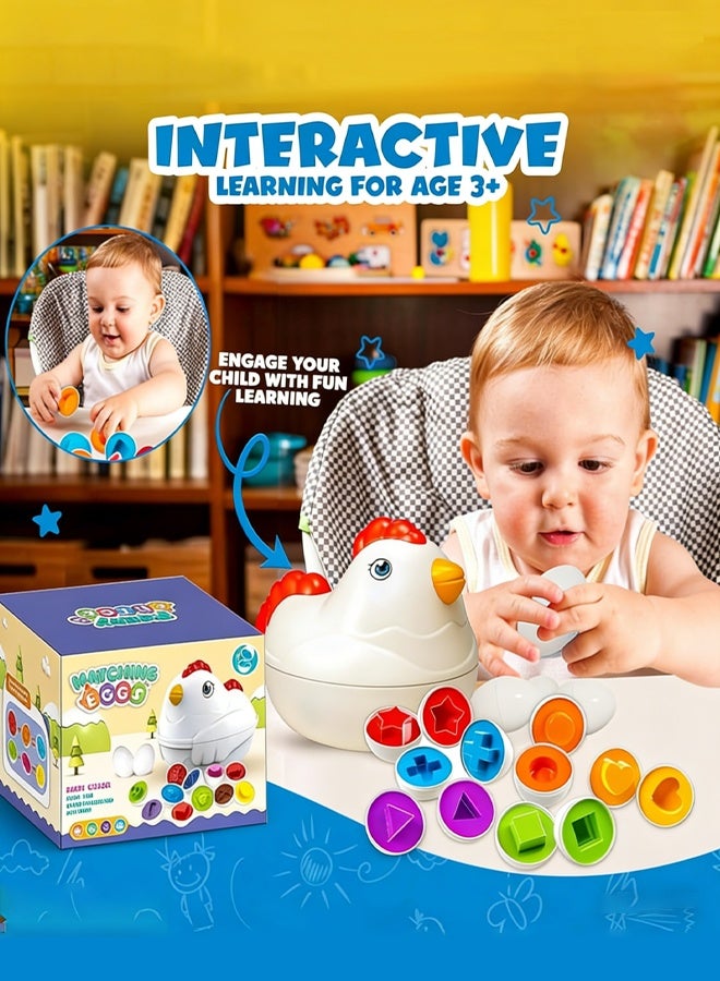 12 Matching Eggs Montessori Sensory Toy, Easter Egg Chicken Case with Sliding Wheels & Pull Rope, Color Shape Sorter Learning Educational Toy for Kids 3+ Years, Interactive Preschool Gift for Boys Girls Birthday - Image 3