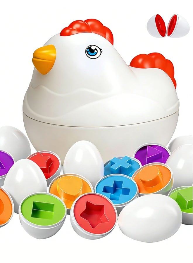 12 Matching Eggs Montessori Sensory Toy, Easter Egg Chicken Case with Sliding Wheels & Pull Rope, Color Shape Sorter Learning Educational Toy for Kids 3+ Years, Interactive Preschool Gift for Boys Girls Birthday - Image 1