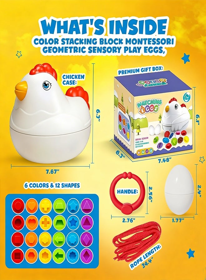 12 Matching Eggs Montessori Sensory Toy, Easter Egg Chicken Case with Sliding Wheels & Pull Rope, Color Shape Sorter Learning Educational Toy for Kids 3+ Years, Interactive Preschool Gift for Boys Girls Birthday - Image 4