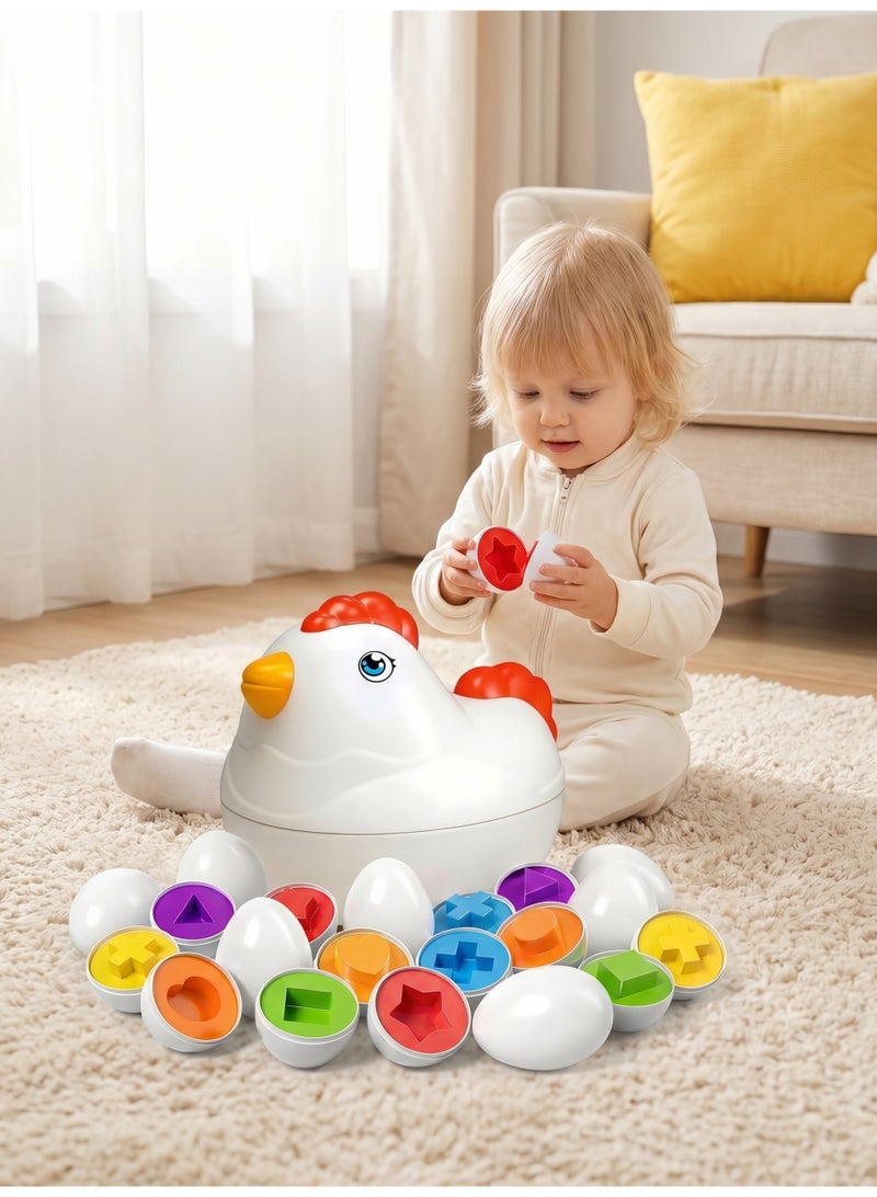 12 Matching Eggs Montessori Sensory Toy, Easter Egg Chicken Case with Sliding Wheels & Pull Rope, Color Shape Sorter Learning Educational Toy for Kids 3+ Years, Interactive Preschool Gift for Boys Girls Birthday - Image 1