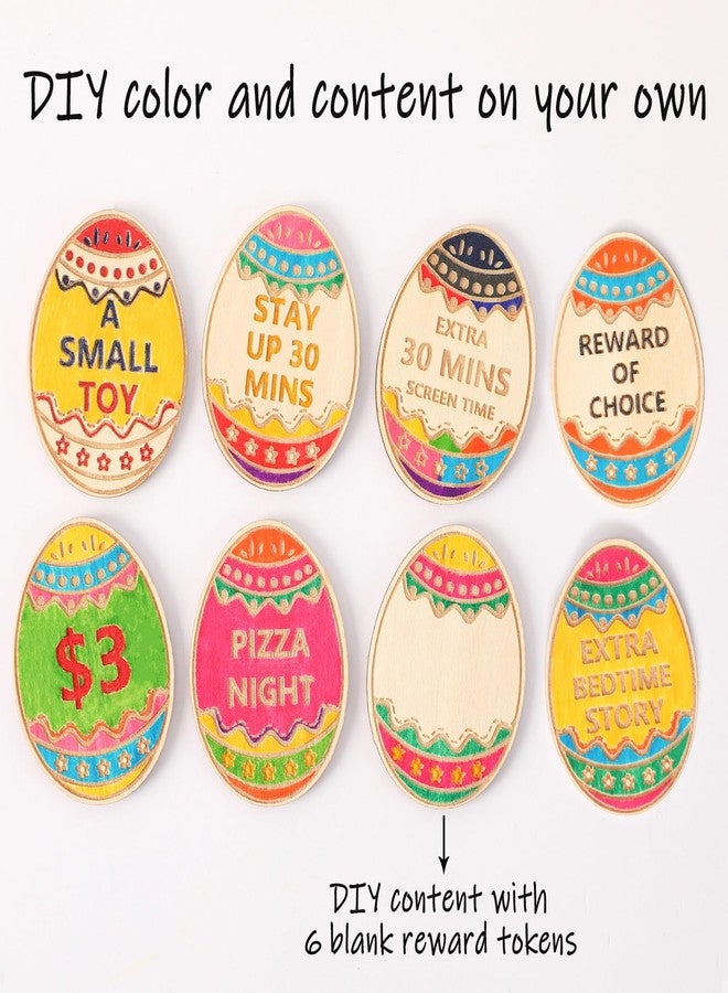 CypherX Easter Egg Fillers- Wooden Easter Reward Tokens, Easter Prizes Stuffers Coins, Family Night Tokens, 24 Redeemable Tokens+6 Blank DIY Tokens, Unique Family Easter Egg Hunt Activities- Egg - Image 4