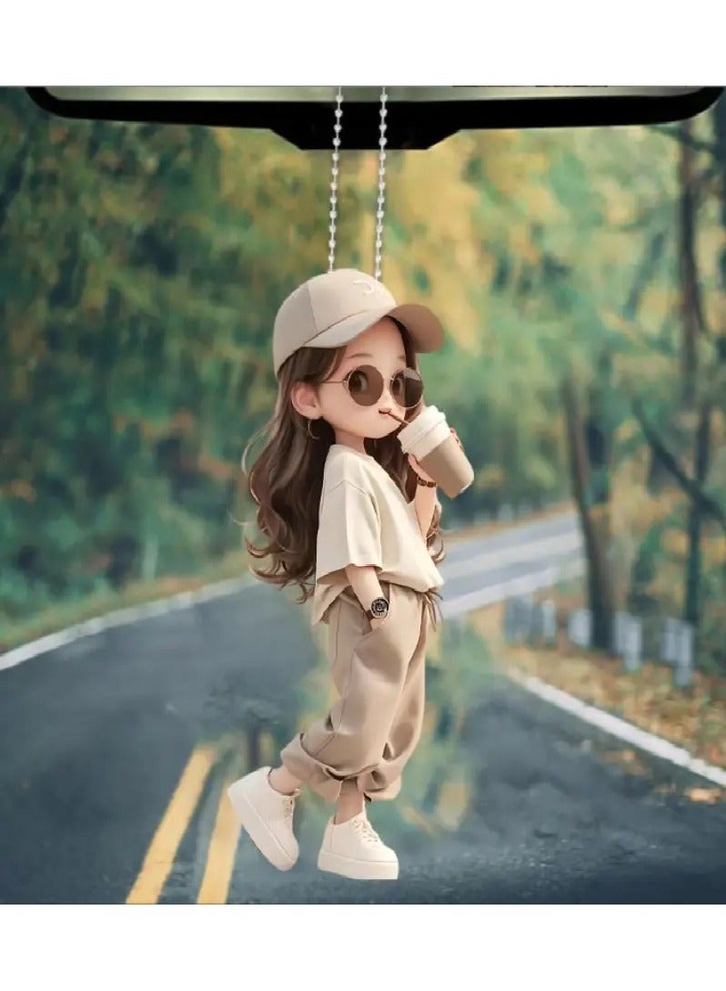Generic Cute Girl Car Mirror Hanging Ornament and Keychain - Waterproof 2D Acrylic Decoration to Add a Unique Touch to Your Car and Keys  - Image 1
