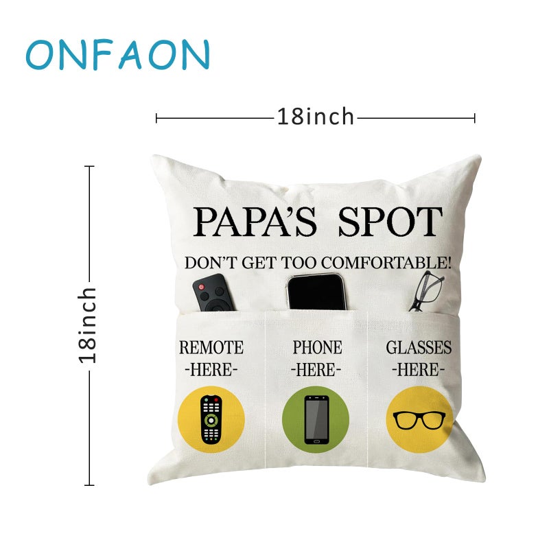 ONFAON Papa Gifts Throw Pillow Case  Papa's Spot Throw Pillow Covers 18 x 18 Inch Put Phone Glasses and Remote Control Pillowcase Birthday Christmas Thanksgiving Day Gifts for Papa Stepdad 3-Pocket - Image 3