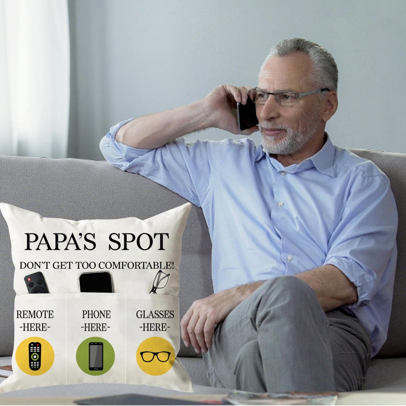 ONFAON Papa Gifts Throw Pillow Case  Papa's Spot Throw Pillow Covers 18 x 18 Inch Put Phone Glasses and Remote Control Pillowcase Birthday Christmas Thanksgiving Day Gifts for Papa Stepdad 3-Pocket - Image 2