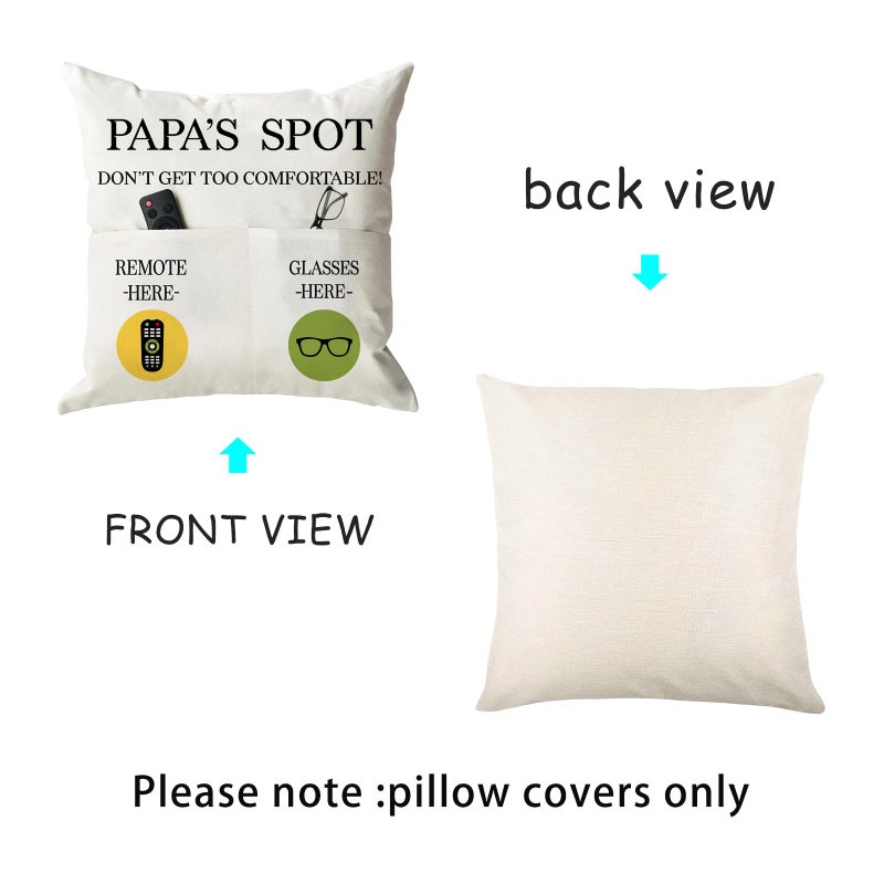 ONFAON Papa Gifts Throw Pillow Case  Papa's Spot Throw Pillow Covers 18 x 18 Inch Put Phone Glasses and Remote Control Pillowcase Birthday Christmas Thanksgiving Day Gifts for Papa Stepdad 3-Pocket - Image 4