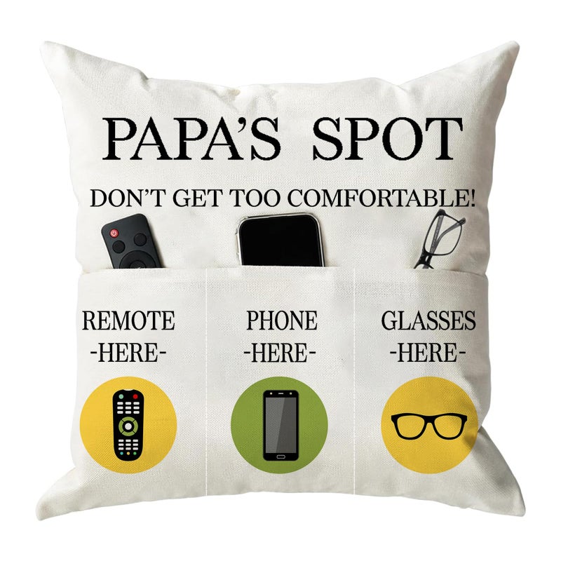 ONFAON Papa Gifts Throw Pillow Case  Papa's Spot Throw Pillow Covers 18 x 18 Inch Put Phone Glasses and Remote Control Pillowcase Birthday Christmas Thanksgiving Day Gifts for Papa Stepdad 3-Pocket - Image 1