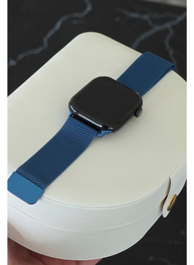 سوار ساعة أبل فاخر مقاس 46 مم بحلقة مغناطيسية ميلانو | سوار شبكي معدني من الفولاذ المقاوم للصدأ | أزرق - Image 1