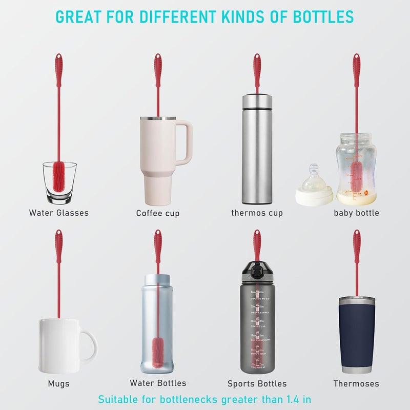 ddLUCK 15.7" Silicone Bottle Brush, Water Bottle Cleaner Brush for Stanley, Hydroflasks, Glass, Thermos Sports Bottle, Vase and Glassware, Bottle Brush Cleaner for Small Narrow Neck Containers (Red) - Image 2