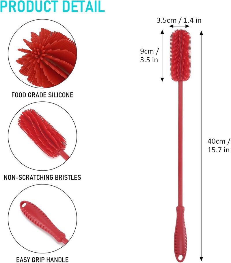 ddLUCK 15.7" Silicone Bottle Brush, Water Bottle Cleaner Brush for Stanley, Hydroflasks, Glass, Thermos Sports Bottle, Vase and Glassware, Bottle Brush Cleaner for Small Narrow Neck Containers (Red) - Image 3