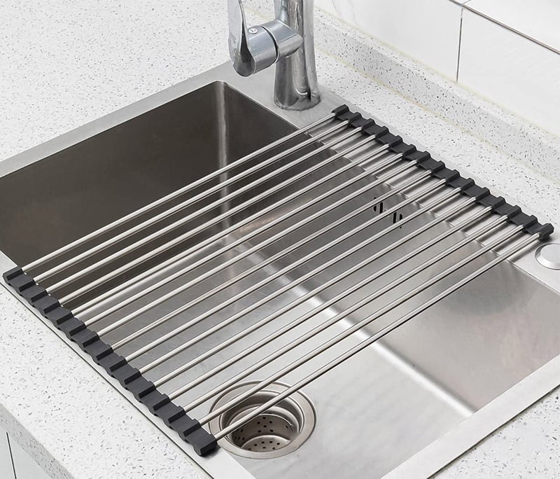 Ahyuan Black Stainless Steel OverSink Dish Drying Rack RollUp Multipurpose Kitchen Dish Rack Portable Rolling Dish Drainer for Kitchen Sink RV Accessories 177X112