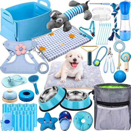 Abbylike 50 Pcs Puppy Supplies Starter Kit for Small Dogs Puppy Essentials Includes Leash Bowls Teeth Brushes Water Bottle and More Accessories for Dogs Pet Day Welcome GiftBlue - Image 1