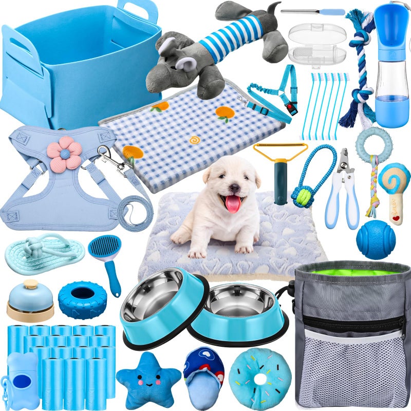 Abbylike 50 Pcs Puppy Supplies Starter Kit for Small Dogs Puppy Essentials Includes Leash Bowls Teeth Brushes Water Bottle and More Accessories for Dogs Pet Day Welcome GiftBlue - Image 2