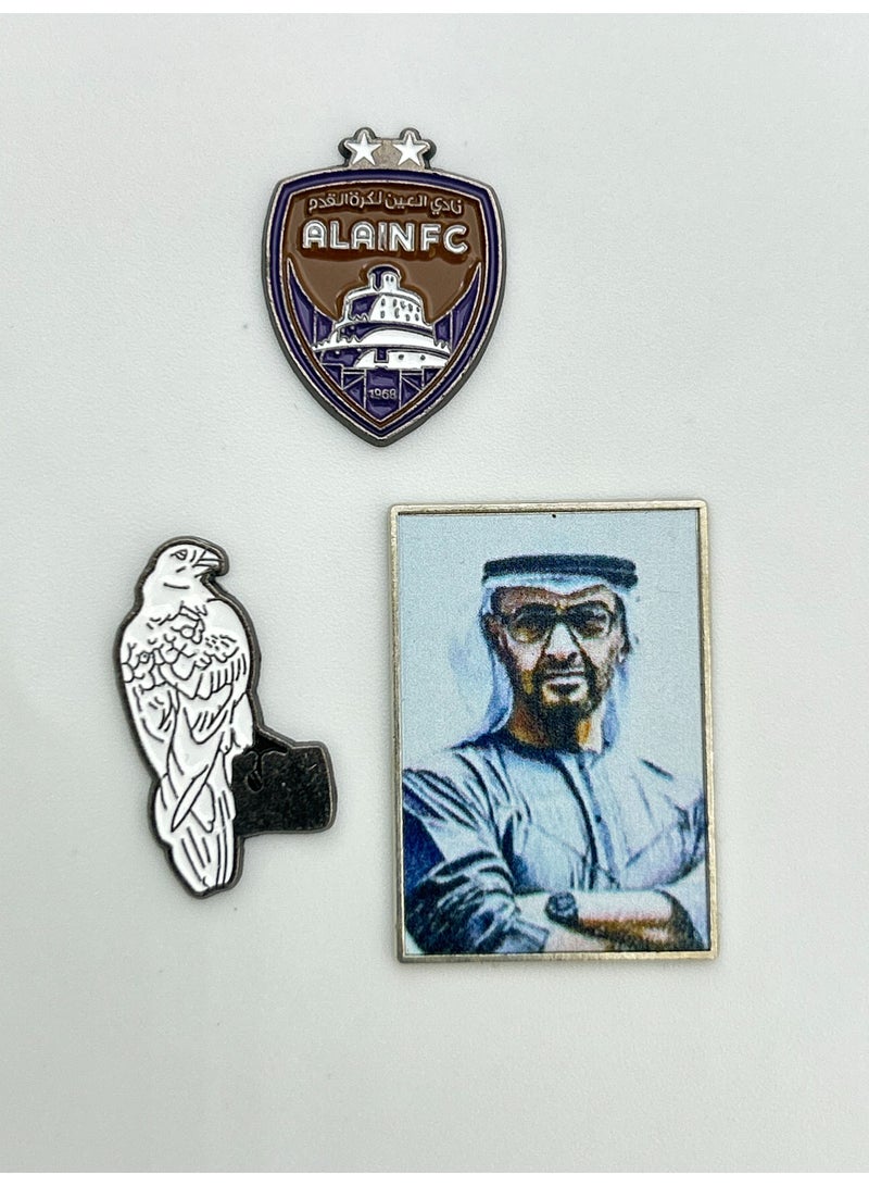 3 pieces of Metal stickers - Sheikh Mohammed bin Zayed and Al Ain Club logo and Falcon Stickers - Premium Quality Metal for Mobile, Laptop, Backpacks and more - Image 1