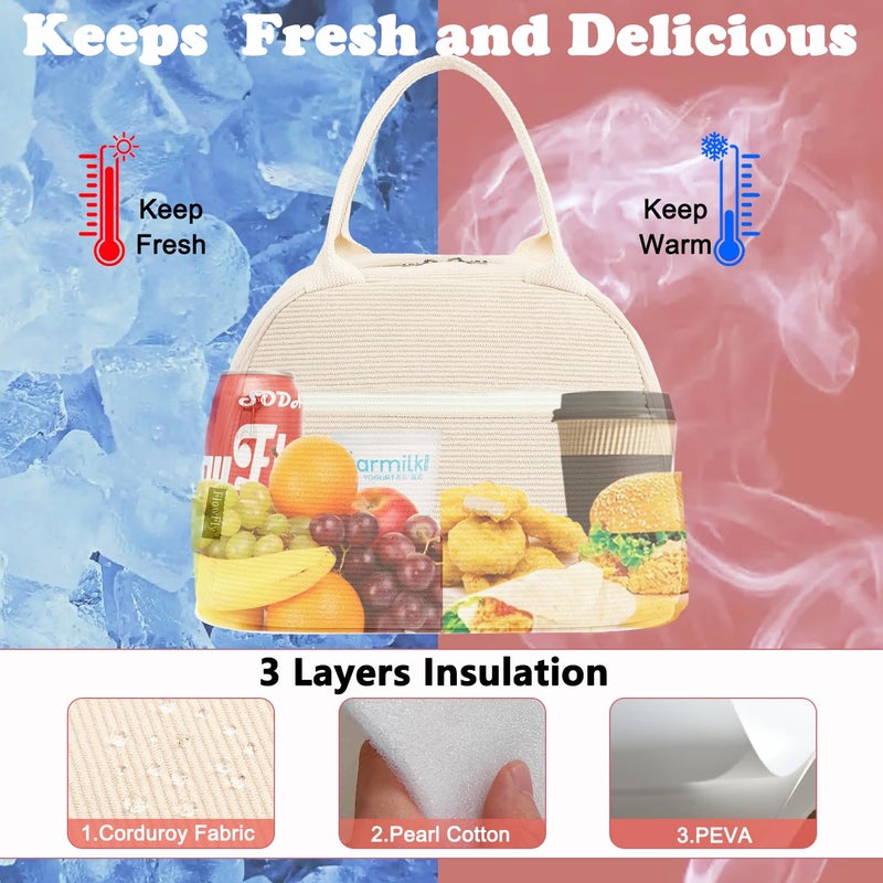 FlowFly Lunch Bag for Women Insulated Lunch Box Corduroy Lunch Tote Cooler for Travel Work Picnic,Corduroy Beige - Image 2