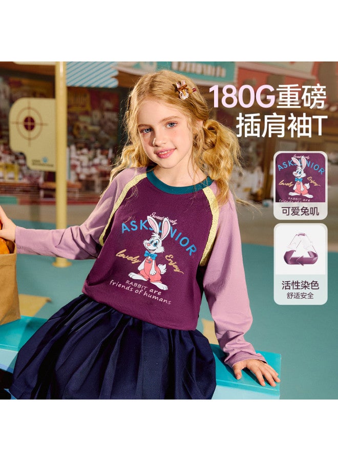 ASK JUNIOR Girls' T-shirt Autumn Medium And Large Kids Color-blocking Patchwork Children's Round Neck Long Sleeve Base Layer - Image 2