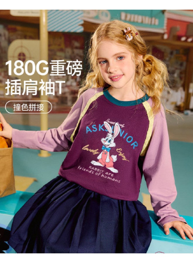 ASK JUNIOR Girls' T-shirt Autumn Medium And Large Kids Color-blocking Patchwork Children's Round Neck Long Sleeve Base Layer - Image 1