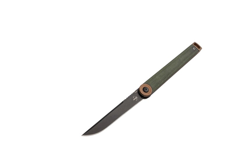 Bker Plus Kaizen Green Canvas Micarta  folding pocket knife with Micarta handle scales  D2 blade  small knife with clip