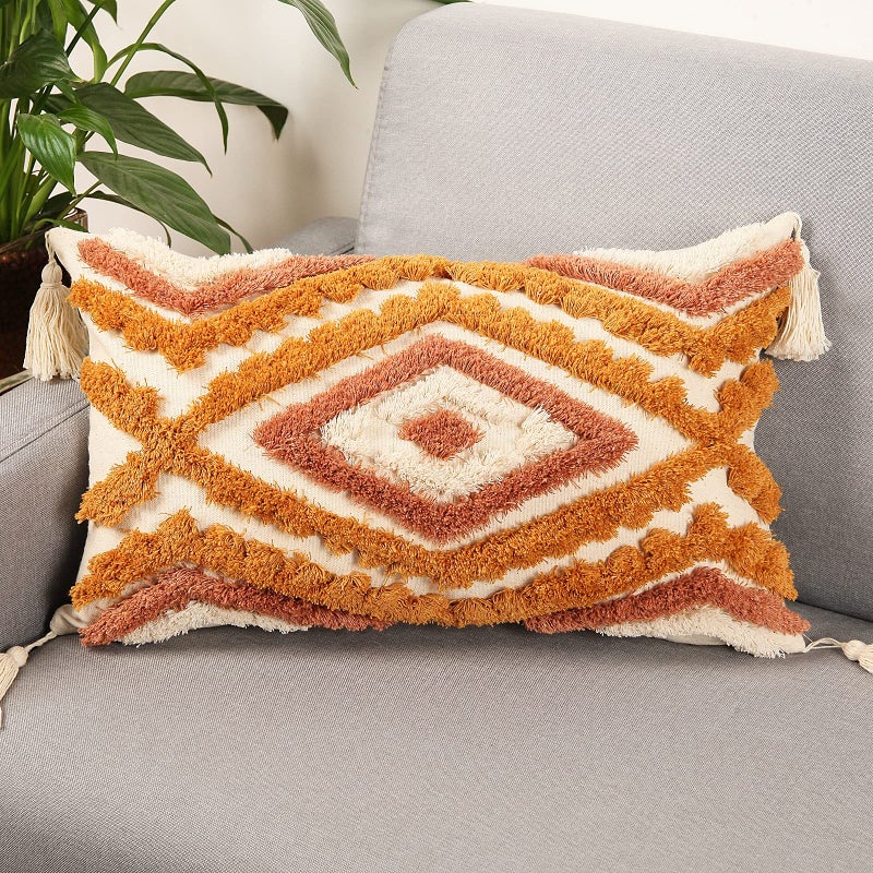 Merrycolor Boho Lumbar Throw Pillow Cover 12x20 inchBohemian Tufted Decorative Pillow Covers with Tassels for Couch Sofa Bedroom Living Room