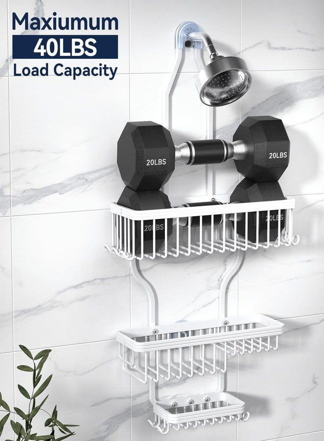 YASONIC Shower Caddy Hanging - Never Rust Shower Organizer - Aluminum over The shower head caddy with 10 Hooks for Razor/Sponge - Shower Rack with Soap Basket - White - Image 4