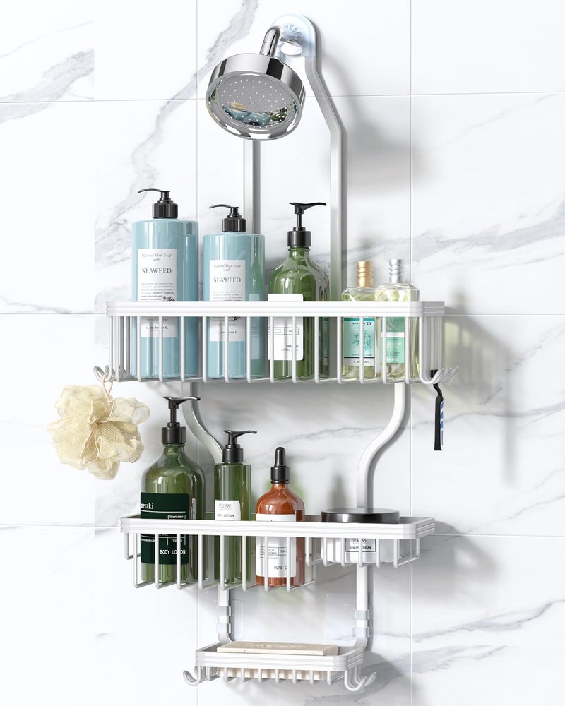 YASONIC Shower Caddy Hanging - Never Rust Shower Organizer - Aluminum over The shower head caddy with 10 Hooks for Razor/Sponge - Shower Rack with Soap Basket - White - Image 1