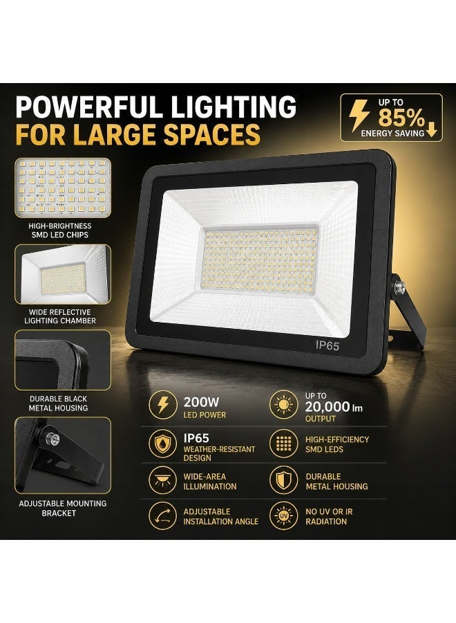MAXWELL 200W LED Flood Light, 20,000LM High-Brightness IP65 Waterproof Outdoor Security Lamp, Energy-Saving SMD Floodlight for Garden, Yard, Garage, Warehouse, Workshop & Commercial Lighting - Image 2
