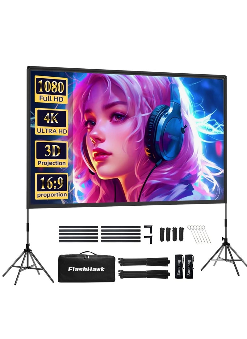 FlashHawk Projector Screen with Stand -100 inch 16:9 4K HD Portable Outdoor Indoor Projector Screen Rear Front Projection Screen Lightweight Movie Screen with Four-Legged Frame Carry Bag for Home Theater  - Image 1