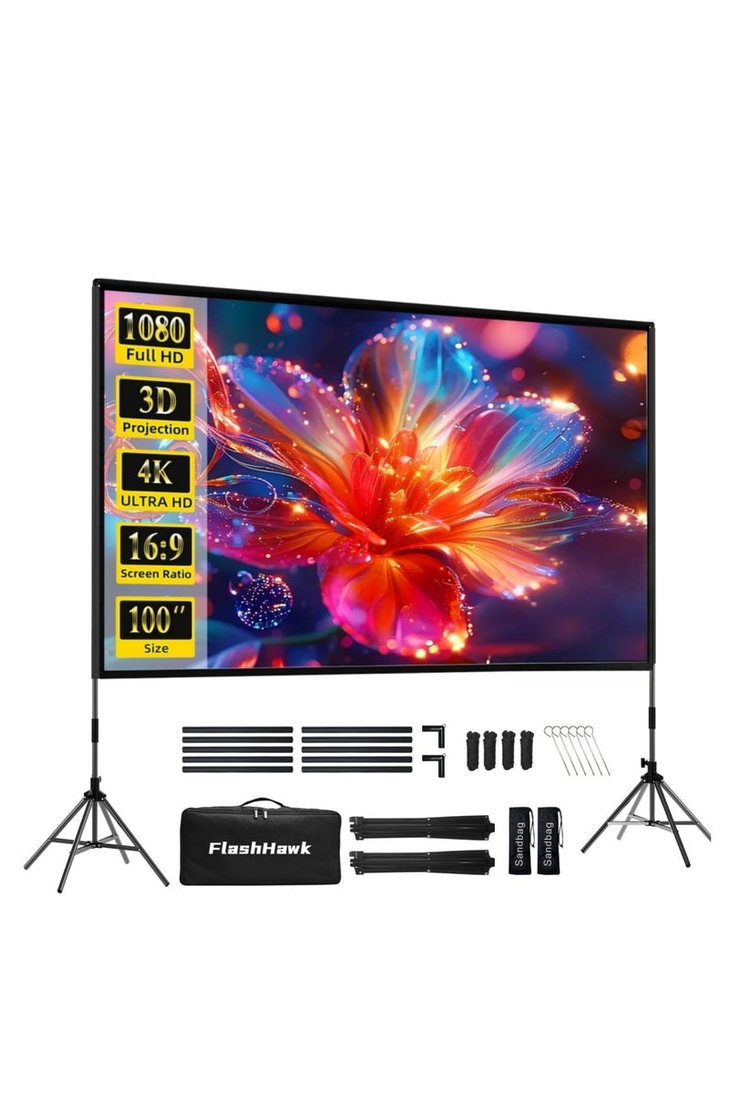 Flash Hawk Projector Screen with Stand -100 inch 16:9 4K HD Portable Outdoor Indoor Projector Screen Rear Front Projection Screen Lightweight Movie Screen with Four-Legged Frame Carry Bag for Home Theater  - Image 1