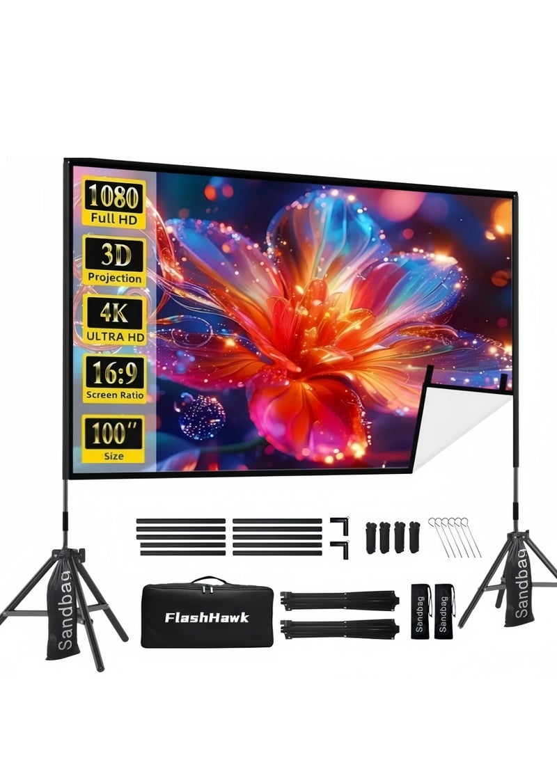 فلاش هوك شاشة عرض مع حامل - 100 بوصة، 4K HD، 16:9، محمولة للاستخدام الخارجي والداخلي، شاشة عرض أمامية خلفية، شاشة عرض أفلام خفيفة الوزن مع إطار رباعي الأرجل، حقيبة حمل للسينما المنزلية. - Image 1