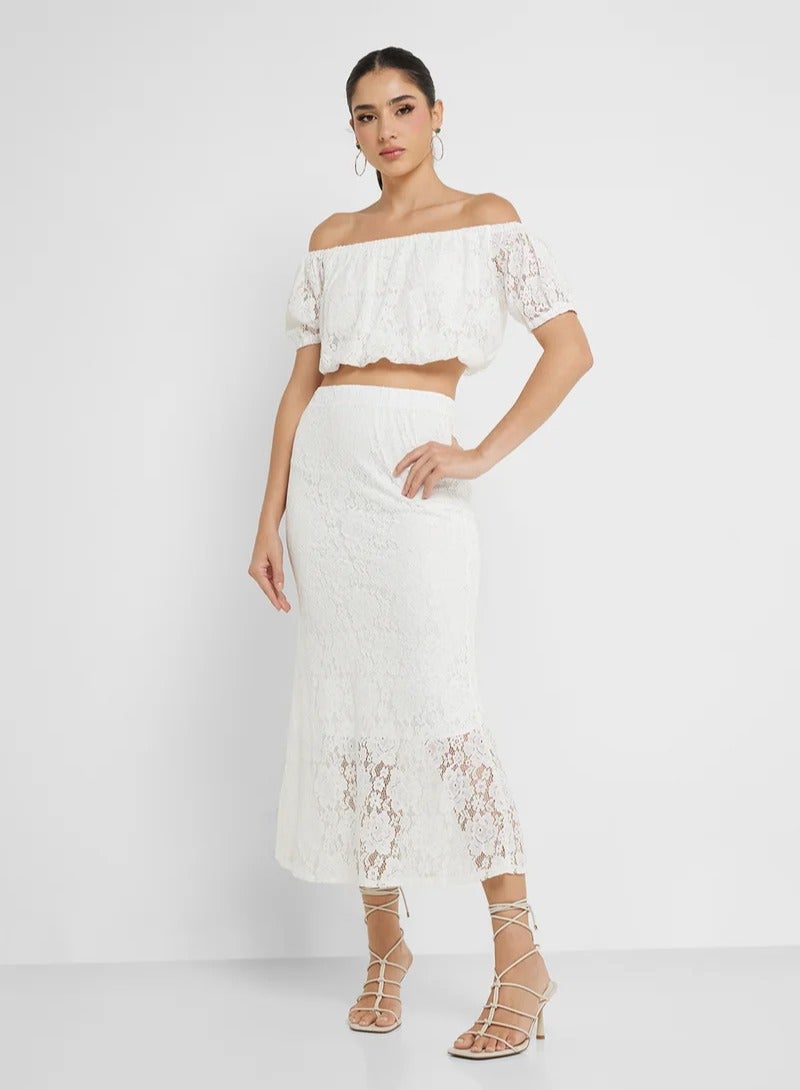 Ginger Off Shoulder Lace Detail Top & Skirt Coord Set - Image 1