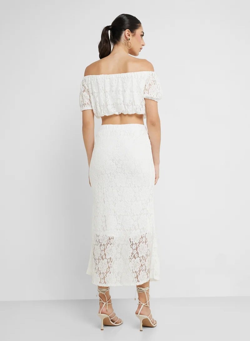 Ginger Off Shoulder Lace Detail Top & Skirt Coord Set - Image 2