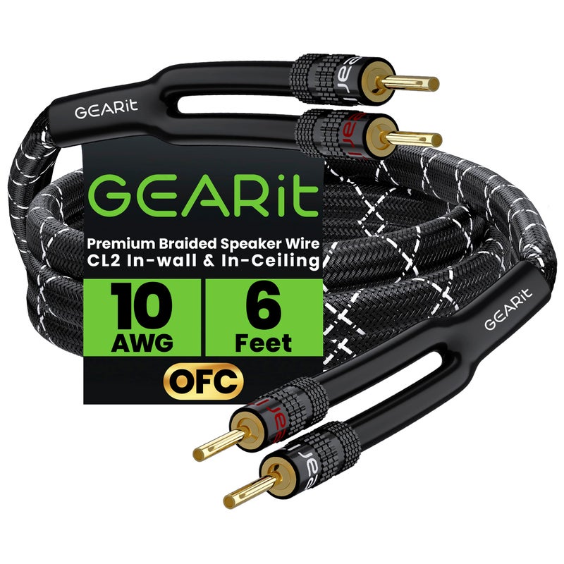 GEARit 10AWG Speaker Cable Wire with Gold-Plated Banana Tip Plugs (6 Feet) in-Wall CL2 Rated, Heavy Duty Braided, 99.9% Oxygen-Free Copper (OFC) - Black, 6ft - Image 1