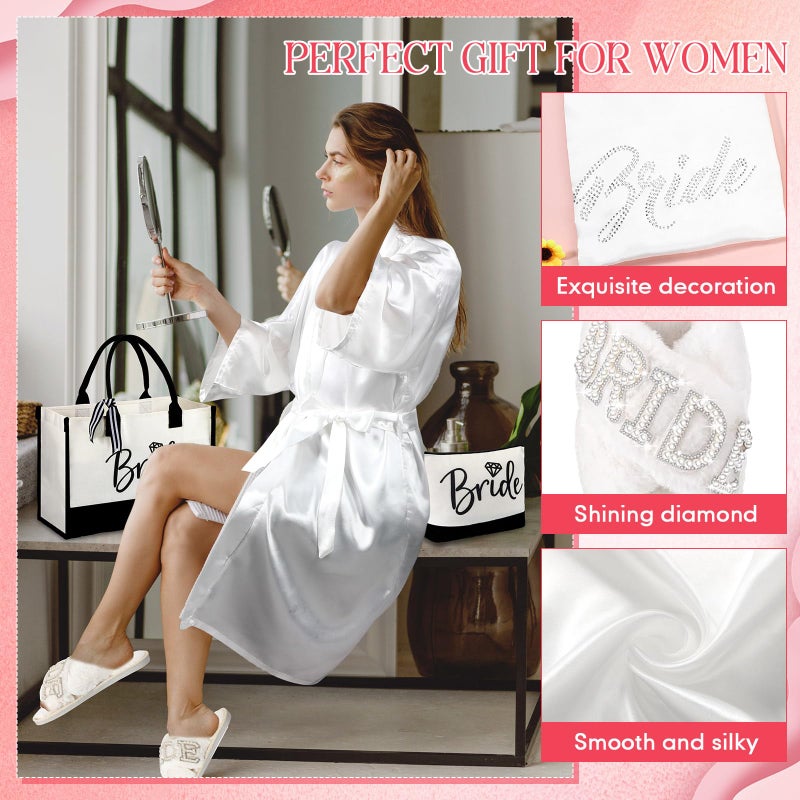 Bunnycool 4 Pcs Bridal Shower Gift Set Include Bride Robes White Slippers Canvas Tote Bag Makeup Bag for Bride Wedding Party(Size 10-11) - Image 3