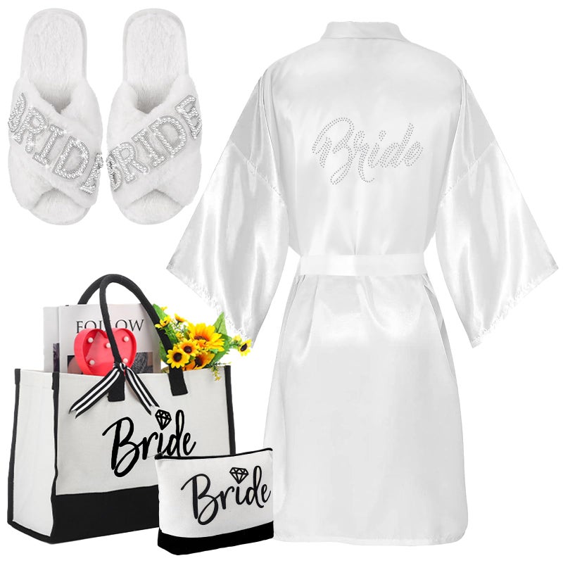 Bunnycool 4 Pcs Bridal Shower Gift Set Include Bride Robes White Slippers Canvas Tote Bag Makeup Bag for Bride Wedding Party(Size 10-11) - Image 1