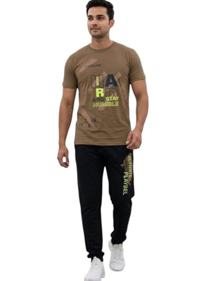 Men Cotton Lycra 2 Piece Lounge Set Short Sleeve Graphic Print T Shirt and Jogger Pants Relaxed Fit Breathable Soft Stretch Fabric Casual Homewear Sleepwear Tracksuit Comfortable Daily Wear Pajama Set for Men Stylish Indoor Outfit with Multiple Sizes and Colors