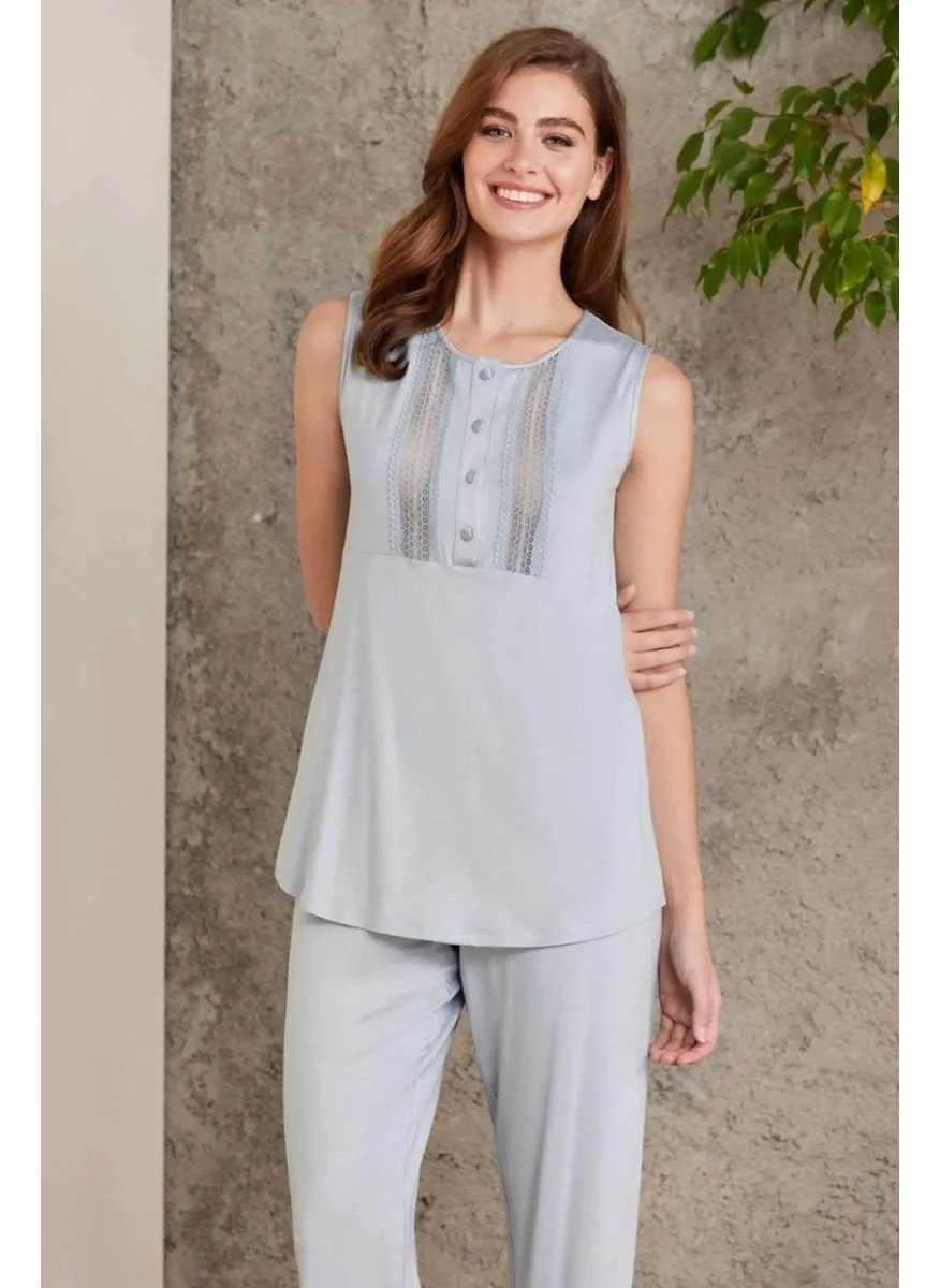 pierre cardin 2800 Women's Combed Cotton Lace Pajama Set with Dressing Gown - Mist