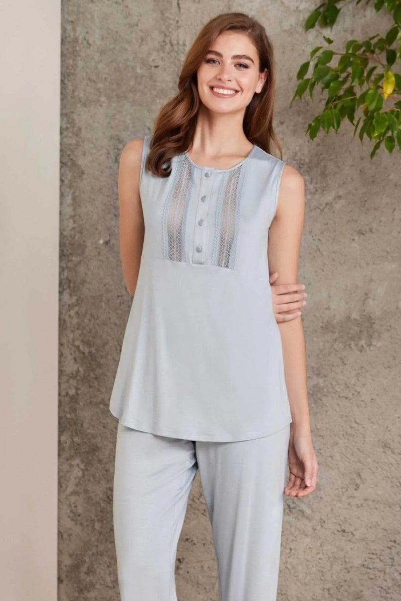 pierre cardin 2800 Women's Combed Cotton Lace Pajama Set with Dressing Gown - Mist - Image 2
