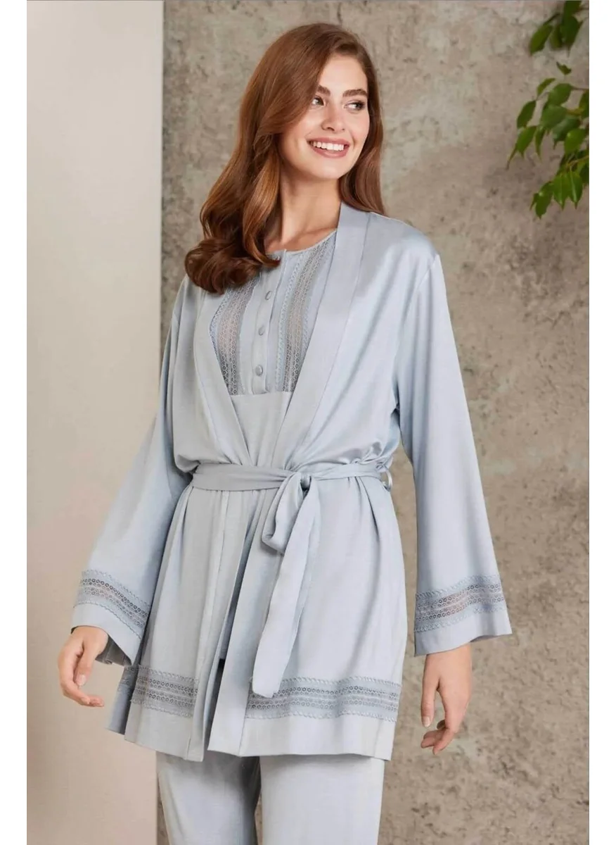 pierre cardin 2800 Women's Combed Cotton Lace Pajama Set with Dressing Gown - Mist