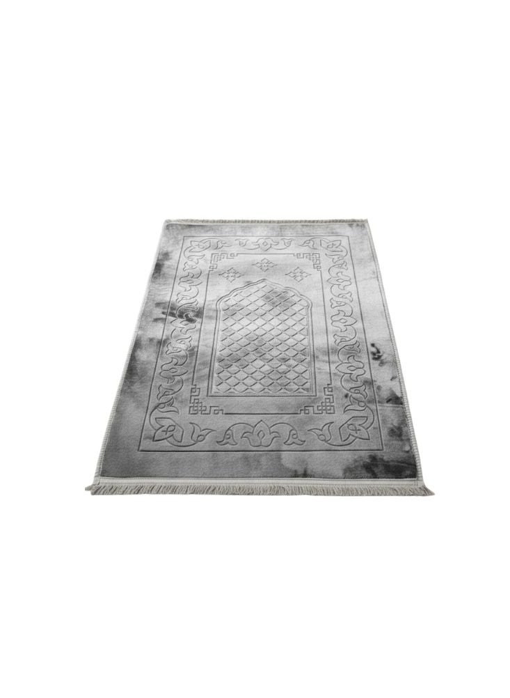 بريميم سجادة صلاة فاخرة من المخمل الرمادي للمسلمين، بنقش محراب بارز وحواف مزينة بشرابات، عرض خاص لشهر رمضان - Image 1