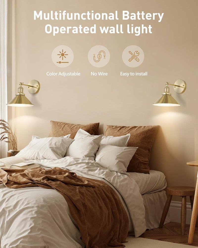 Bailoch Gold Vintage Wireless Battery Operated Wall Sconces, Industrial Cordless Battery Powered Led Wall Lights Set of 2, Wall Lamp Fixture Indoor with Remote Control for Bedroom Farmhouse Gallery - Image 5