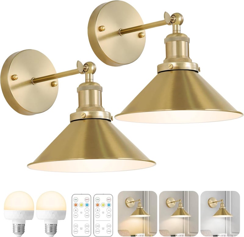 Bailoch Gold Vintage Wireless Battery Operated Wall Sconces, Industrial Cordless Battery Powered Led Wall Lights Set of 2, Wall Lamp Fixture Indoor with Remote Control for Bedroom Farmhouse Gallery - Image 1