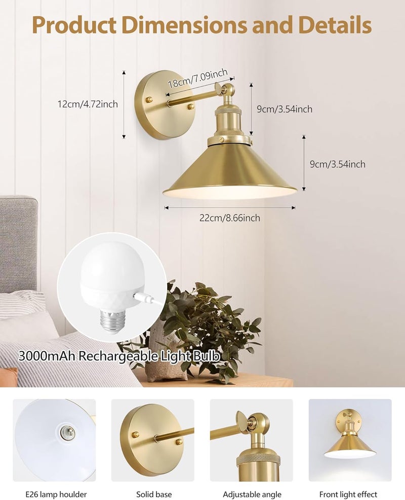 Bailoch Gold Vintage Wireless Battery Operated Wall Sconces, Industrial Cordless Battery Powered Led Wall Lights Set of 2, Wall Lamp Fixture Indoor with Remote Control for Bedroom Farmhouse Gallery - Image 2