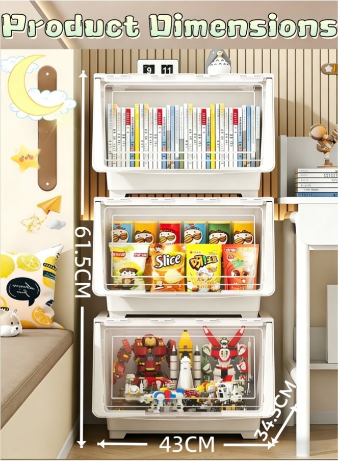 Large Capacity Kids Toy Storage Organizer Rack with Wheels, Movable Books & Toys Storage Cabinet with Bins, Eco-Friendly Nursery Playroom Organizer (XY-8307-WH) - Image 3