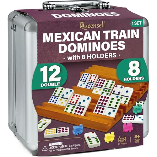 Queensell Mexican Train Dominoes Set with 8 Holders Wooden Hub and Tiles Holders Double 12 Tiles with Dots D12 8 Holders - Image 1