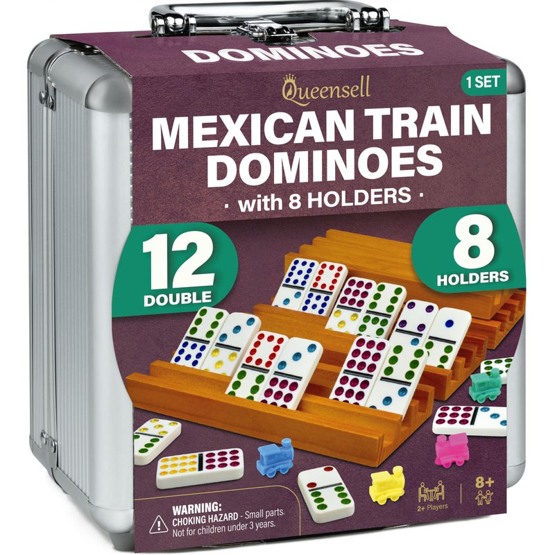 Queensell Mexican Train Dominoes Set with 8 Holders Wooden Hub and Tiles Holders Double 12 Tiles with Dots D12 8 Holders - Image 2