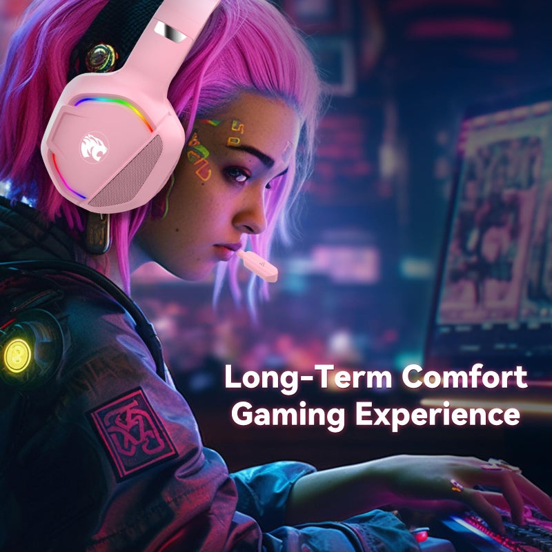 IMYB Gaming Headset with Microphone for Pc, Xbox One Series X/s, Ps4, Ps5, Switch, Stereo Wired Noise Cancelling Over-Ear Headphones with Mic, RGB, for Computer, Laptop, Mac, Nintendo (Pink) - Image 4