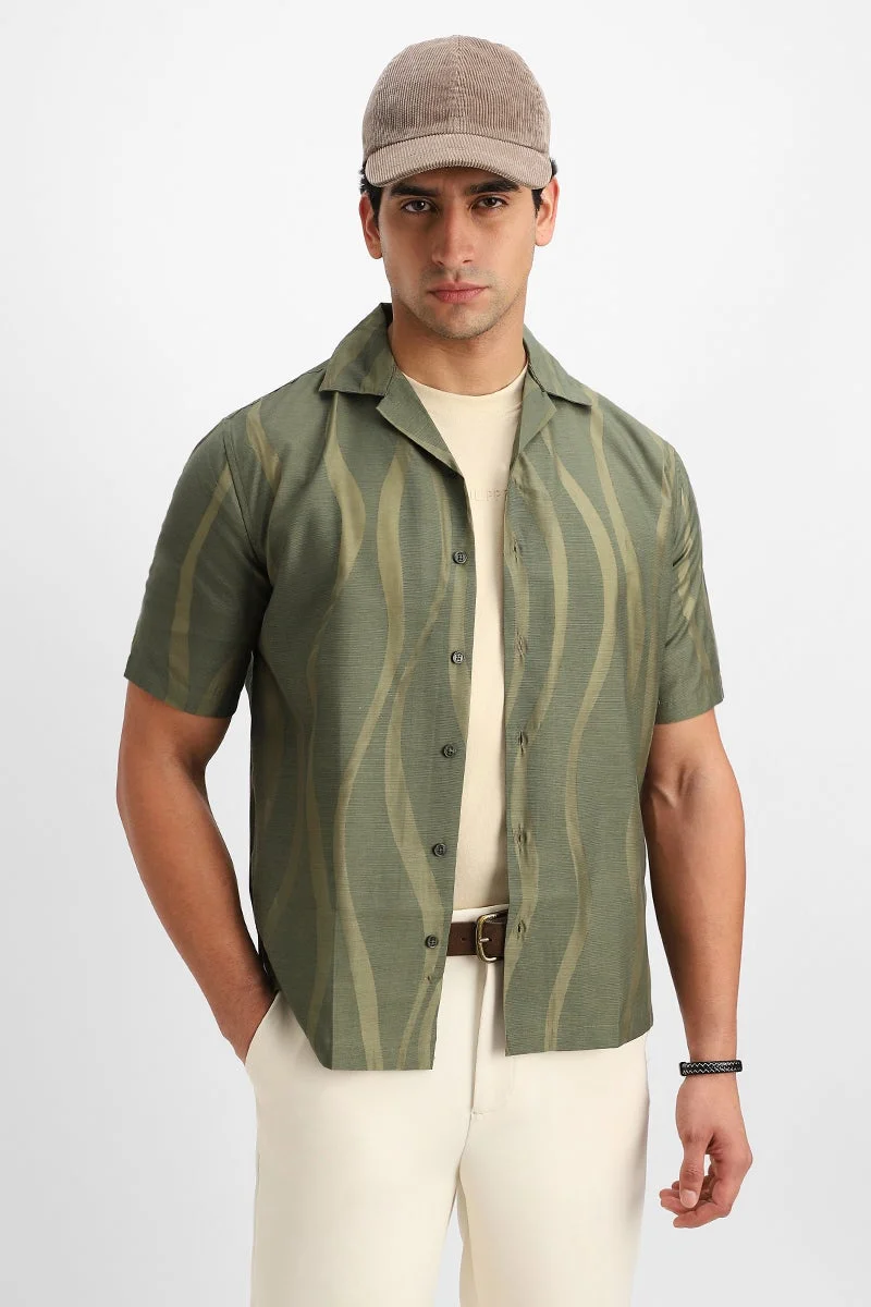 SNITCH Olive Abstract Half Sleeve Boxy Shirt