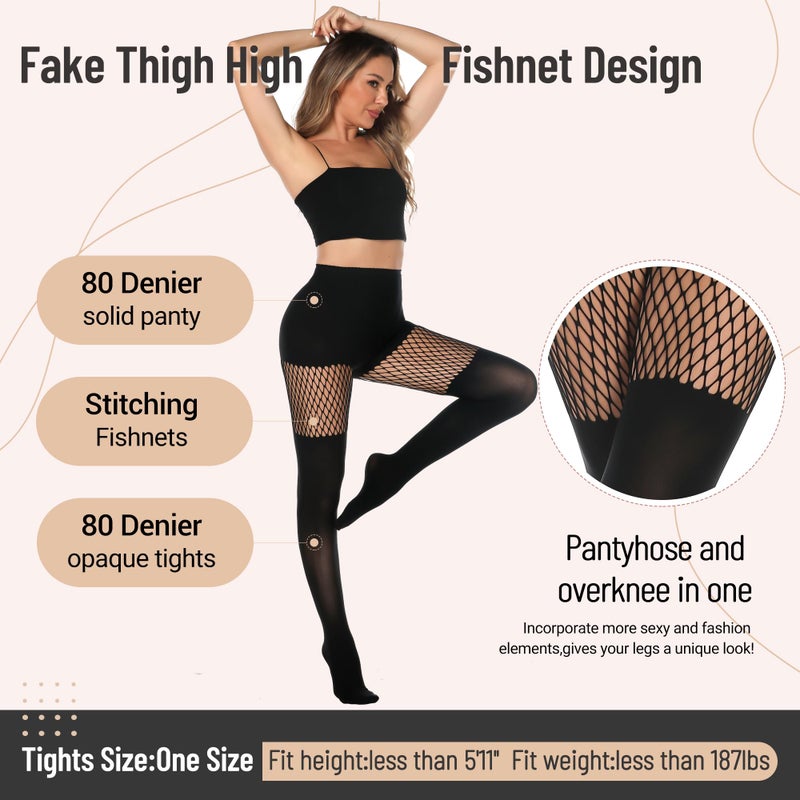 MANZI Womens Faux Thigh High Fishnet Stockings Stitching Opaque Pantyhose Mock Over the Knee Goth Tights Striped Suspender Nylons(1 Striped+1 Grid) - Image 3