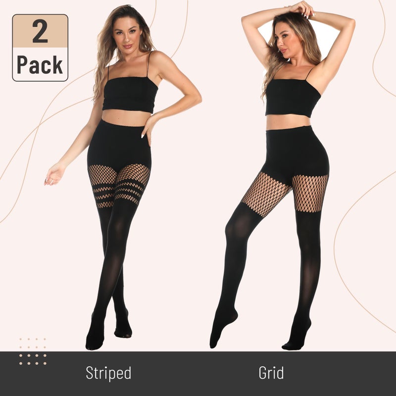 MANZI Womens Faux Thigh High Fishnet Stockings Stitching Opaque Pantyhose Mock Over the Knee Goth Tights Striped Suspender Nylons(1 Striped+1 Grid) - Image 2