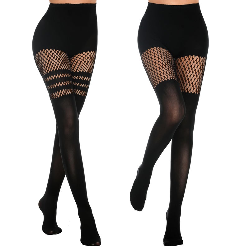 MANZI Womens Faux Thigh High Fishnet Stockings Stitching Opaque Pantyhose Mock Over the Knee Goth Tights Striped Suspender Nylons(1 Striped+1 Grid) - Image 1