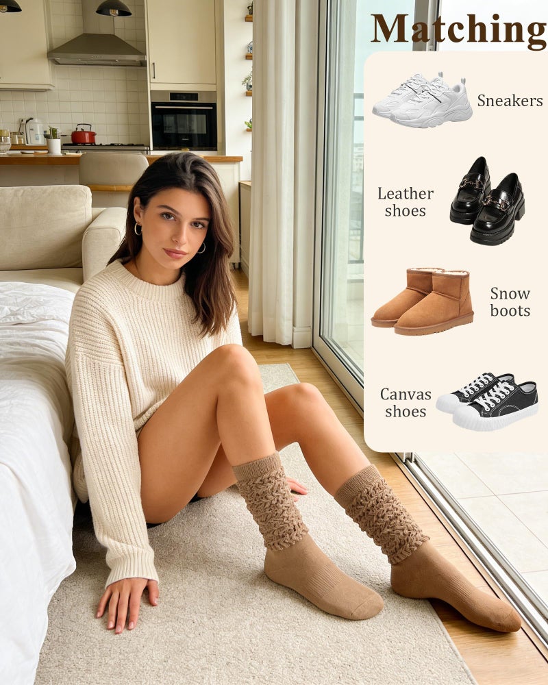 Darller Slouchy Socks for Women 4 Pairs Slouch Long Scrunch Knee High Sock Knit Cotton Boot Tube Socks, Brown Series - Image 5